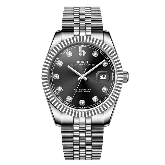 BUREI Men's Watch 41mm, Classic Stainless Steel, Waterproof Machine Watch with Date, Sapphire Crystal, Business Dress Wristwatch