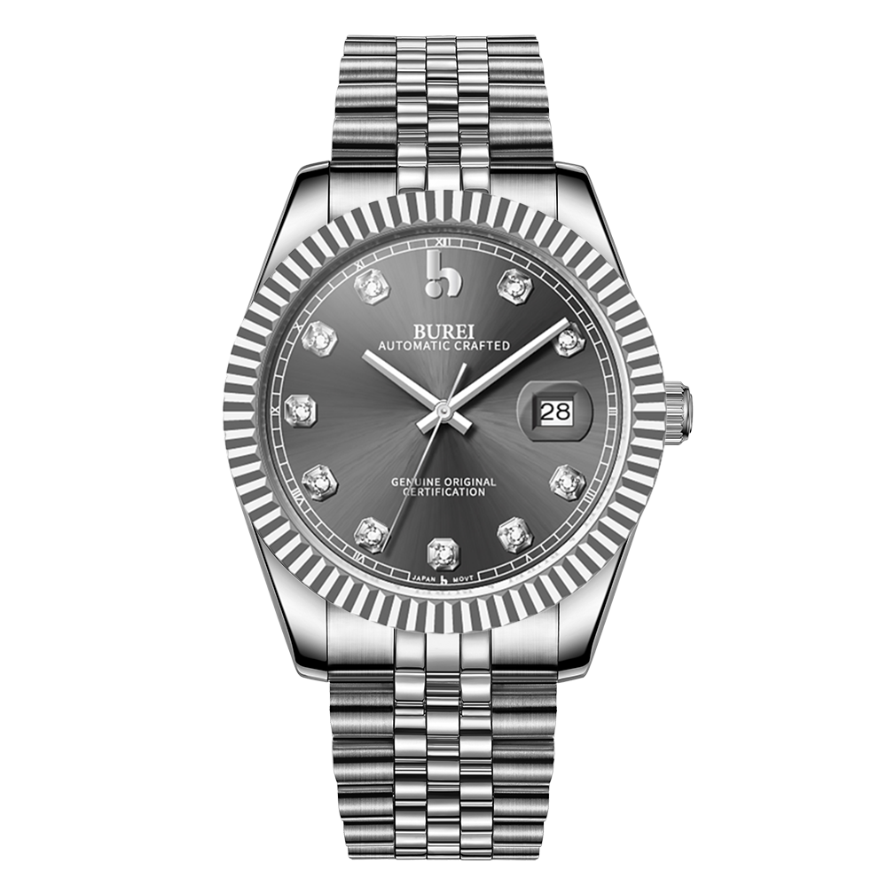 BUREI Men's Watch 41mm, Classic Stainless Steel, Waterproof Machine Watch with Date, Sapphire Crystal, Business Dress Wristwatch