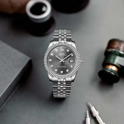 BUREI Men's Watch 41mm, Classic Stainless Steel, Waterproof Machine Watch with Date, Sapphire Crystal, Business Dress Wristwatch