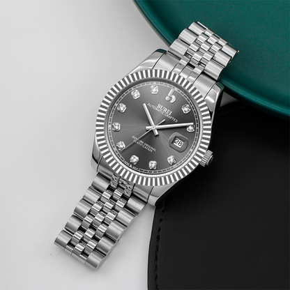 BUREI Men's Watch 41mm, Classic Stainless Steel, Waterproof Machine Watch with Date, Sapphire Crystal, Business Dress Wristwatch