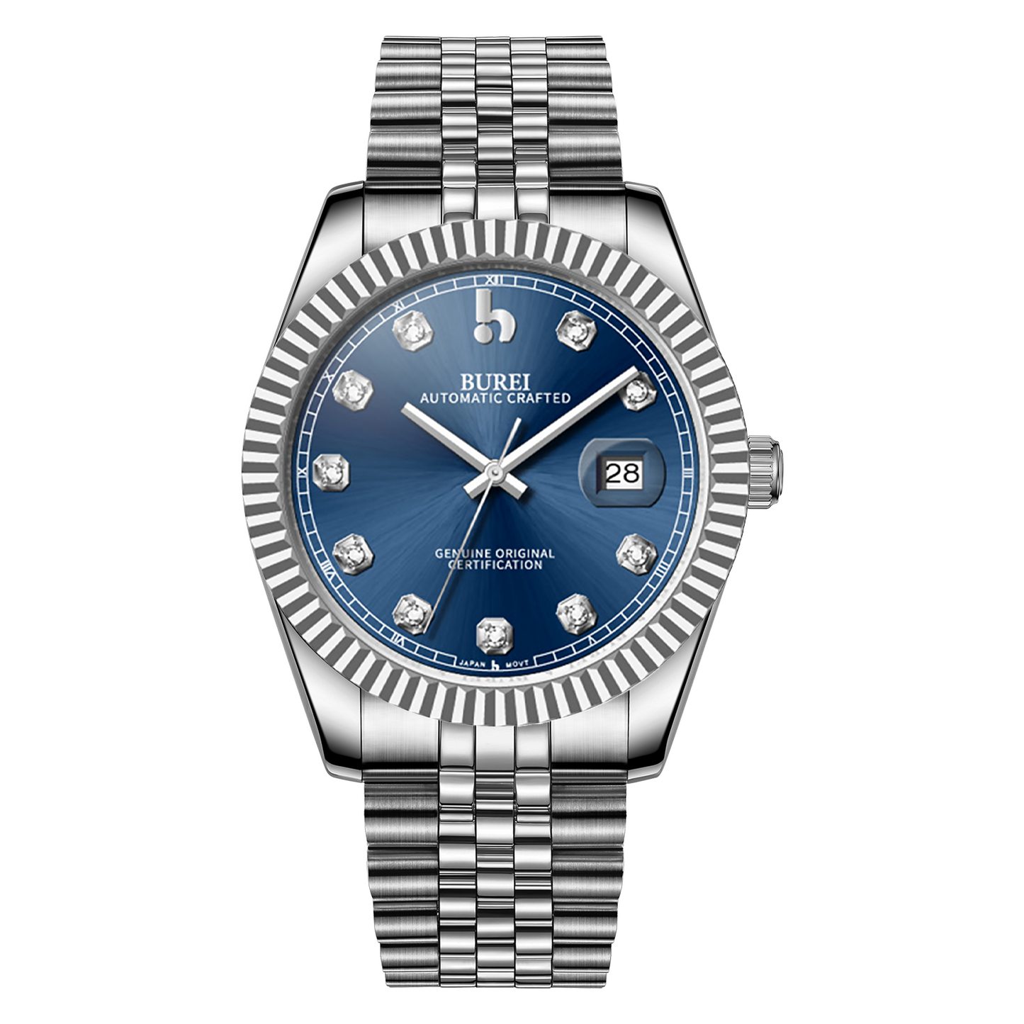 BUREI Men's Watch 41mm, Classic Stainless Steel, Waterproof Machine Watch with Date, Sapphire Crystal, Business Dress Wristwatch