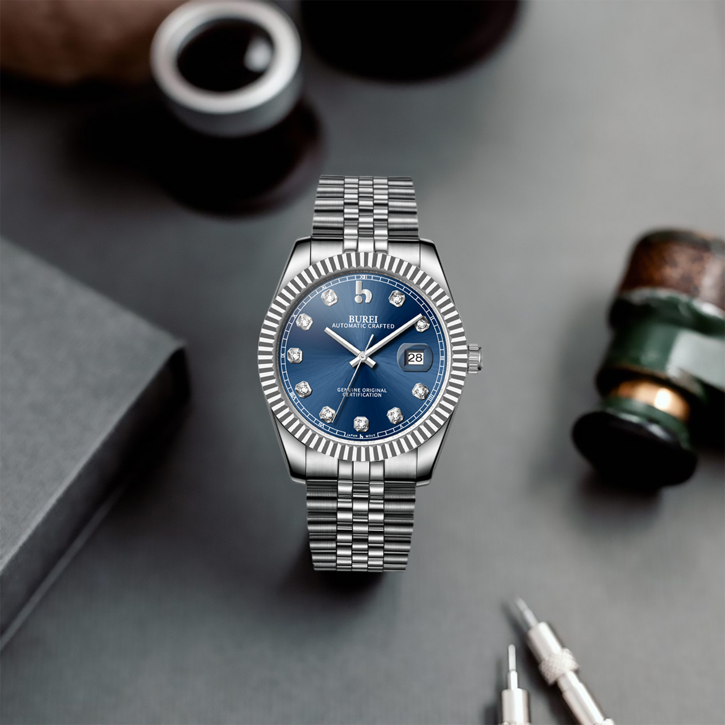 BUREI Men's Watch 41mm, Classic Stainless Steel, Waterproof Machine Watch with Date, Sapphire Crystal, Business Dress Wristwatch