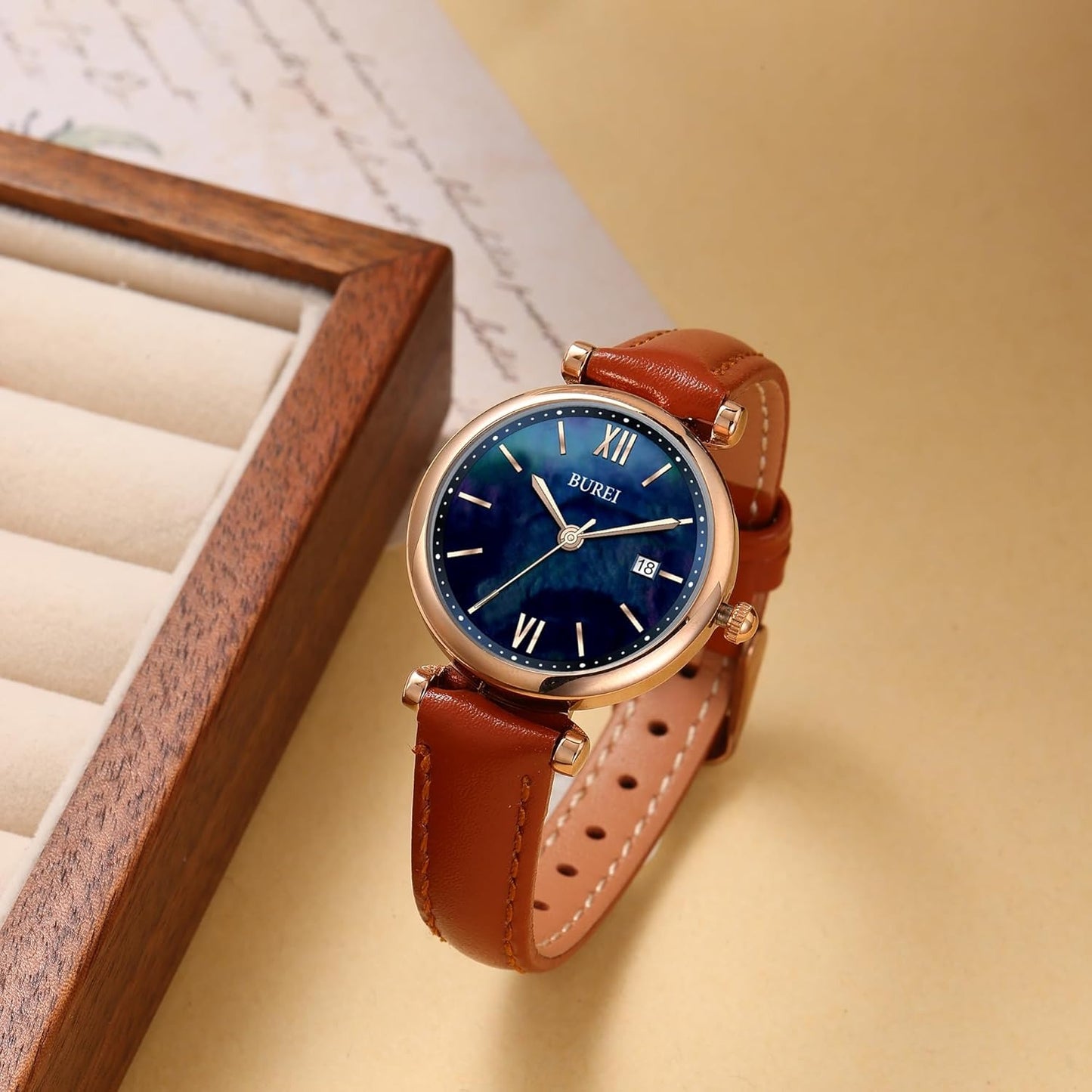 BUREI Women's Black Leather Strap Watch Fashion Simple Analog Quartz Waterproof Watches for Women Three Hands,Gift for her