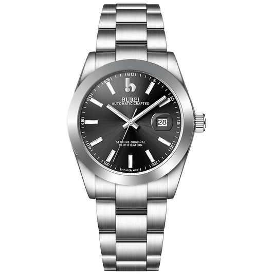 BUREI Men's Watch 41mm, Classic Stainless Steel, Waterproof Machine Watch with Date, Sapphire Crystal, Business Dress Wristwatch