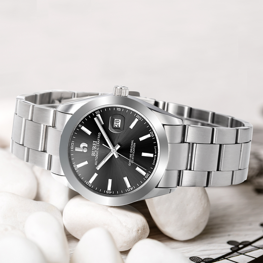 BUREI Men's Watch 41mm, Classic Stainless Steel, Waterproof Machine Watch with Date, Sapphire Crystal, Business Dress Wristwatch
