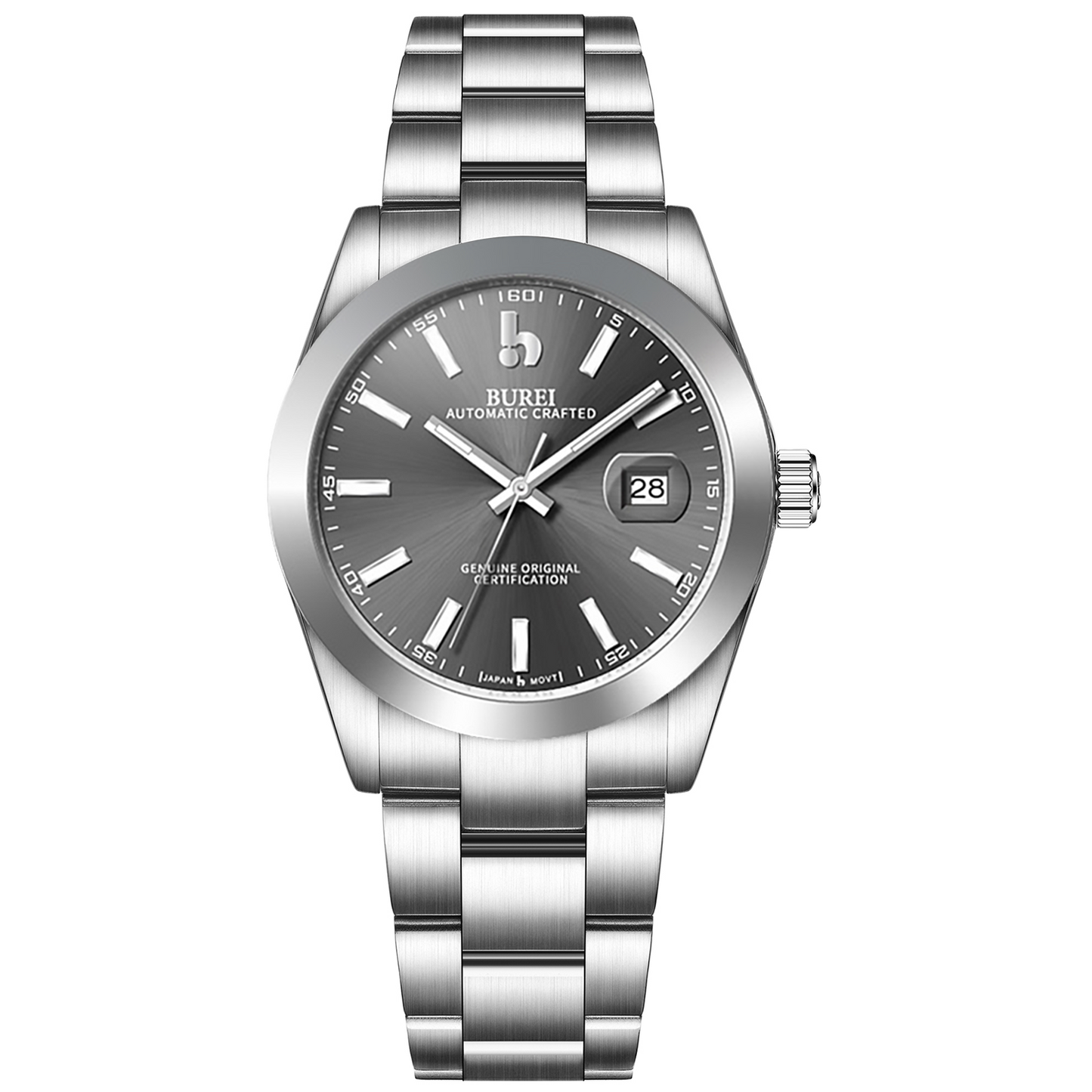 BUREI Men's Watch 41mm, Classic Stainless Steel, Waterproof Machine Watch with Date, Sapphire Crystal, Business Dress Wristwatch