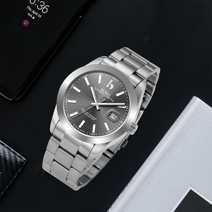 BUREI Men's Watch 41mm, Classic Stainless Steel, Waterproof Machine Watch with Date, Sapphire Crystal, Business Dress Wristwatch