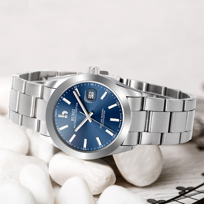 BUREI Men's Watch 41mm, Classic Stainless Steel, Waterproof Machine Watch with Date, Sapphire Crystal, Business Dress Wristwatch