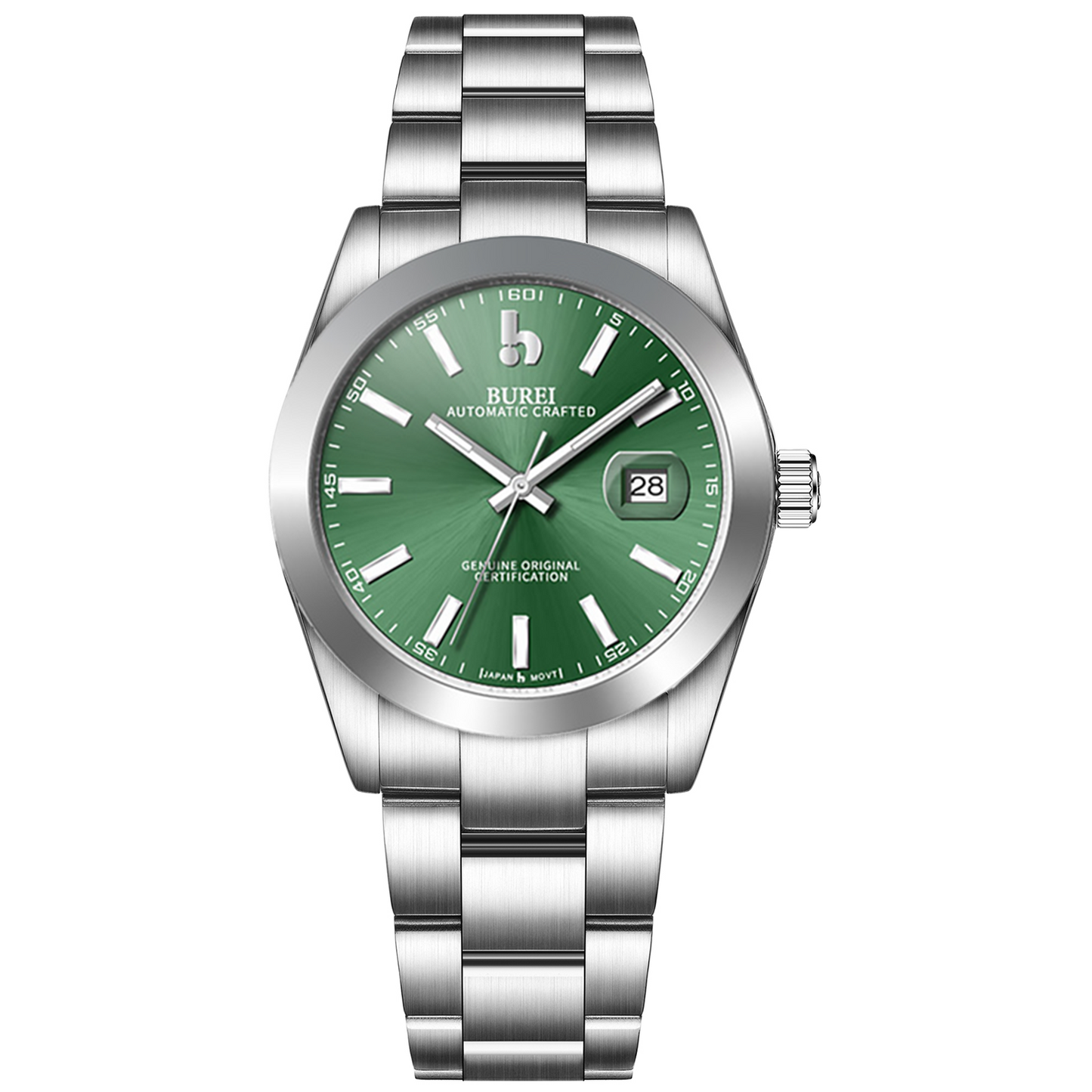 BUREI Men's Watch 41mm, Classic Stainless Steel, Waterproof Machine Watch with Date, Sapphire Crystal, Business Dress Wristwatch