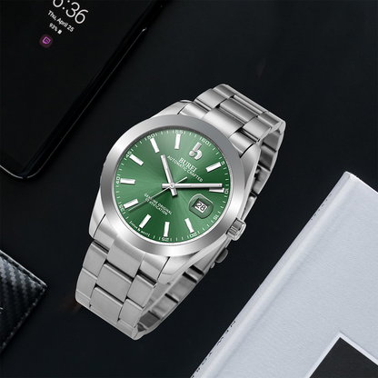 BUREI Men's Watch 41mm, Classic Stainless Steel, Waterproof Machine Watch with Date, Sapphire Crystal, Business Dress Wristwatch