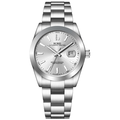 BUREI Men's Watch 41mm, Classic Stainless Steel, Waterproof Machine Watch with Date, Sapphire Crystal, Business Dress Wristwatch
