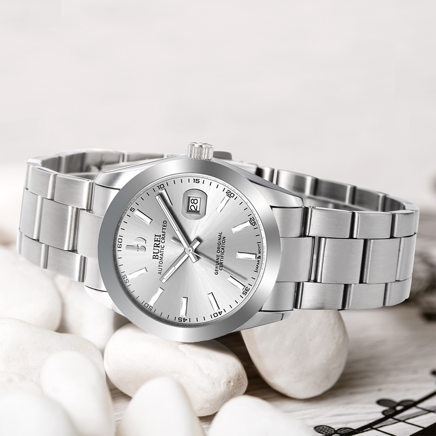 BUREI Men's Watch 41mm, Classic Stainless Steel, Waterproof Machine Watch with Date, Sapphire Crystal, Business Dress Wristwatch