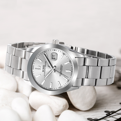 BUREI Men's Watch 41mm, Classic Stainless Steel, Waterproof Machine Watch with Date, Sapphire Crystal, Business Dress Wristwatch