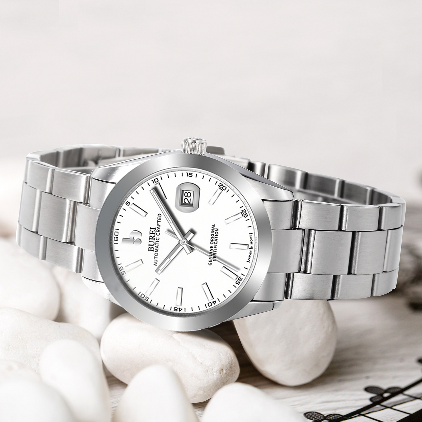 BUREI Men's Watch 41mm, Classic Stainless Steel, Waterproof Machine Watch with Date, Sapphire Crystal, Business Dress Wristwatch