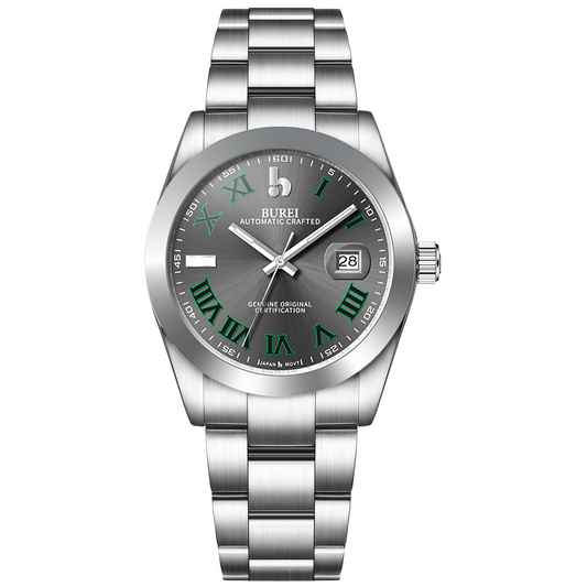 BUREI Men's Watch 41mm, Classic Stainless Steel, Waterproof Machine Watch with Date, Sapphire Crystal, Business Dress Wristwatch