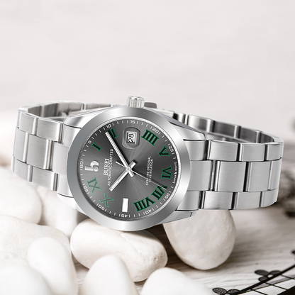 BUREI Men's Watch 41mm, Classic Stainless Steel, Waterproof Machine Watch with Date, Sapphire Crystal, Business Dress Wristwatch