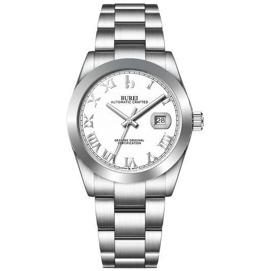 BUREI Men's Watch 41mm, Classic Stainless Steel, Waterproof Machine Watch with Date, Sapphire Crystal, Business Dress Wristwatch