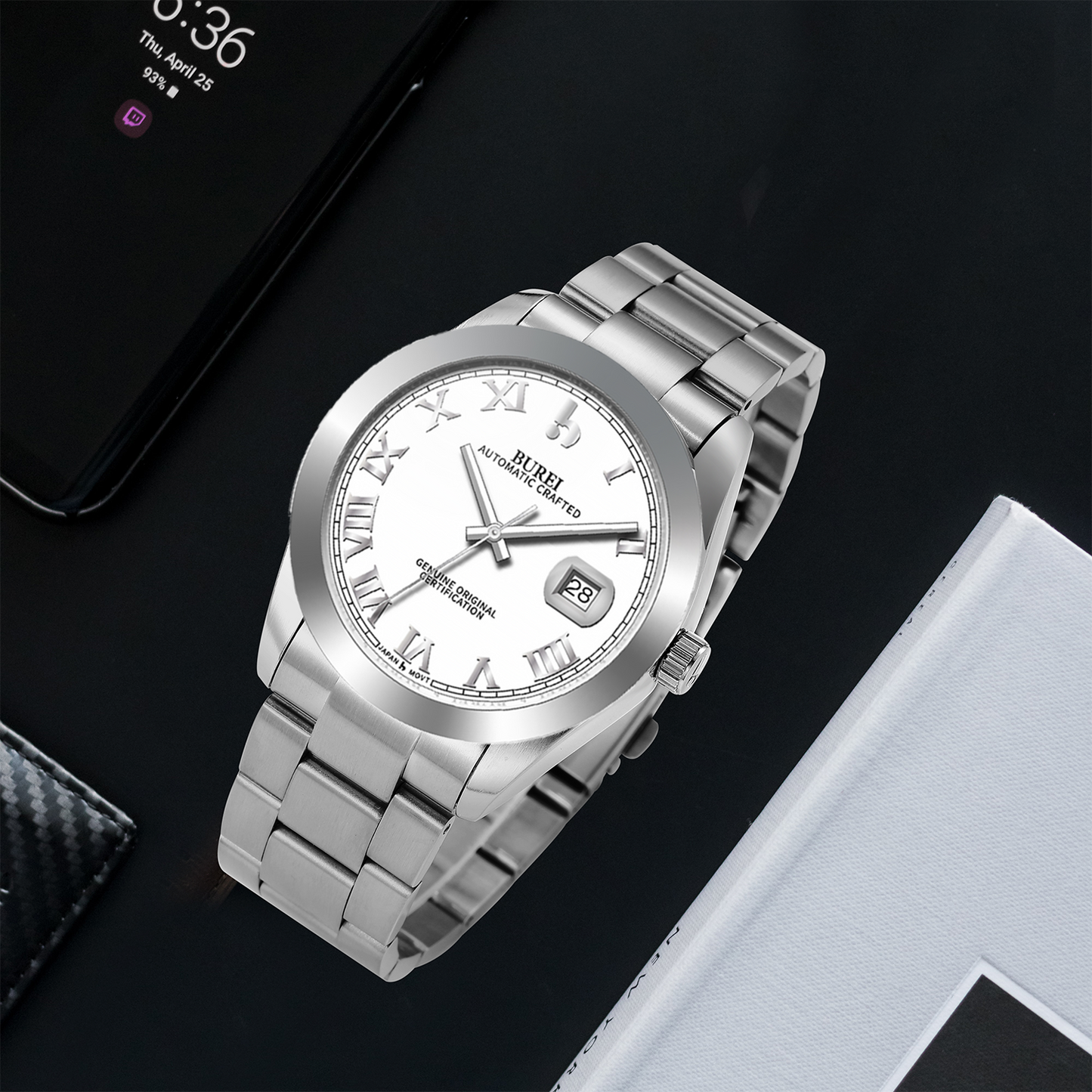 BUREI Men's Watch 41mm, Classic Stainless Steel, Waterproof Machine Watch with Date, Sapphire Crystal, Business Dress Wristwatch