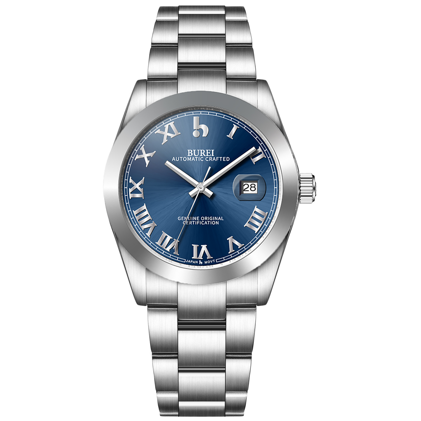 BUREI Men's Watch 41mm, Classic Stainless Steel, Waterproof Machine Watch with Date, Sapphire Crystal, Business Dress Wristwatch