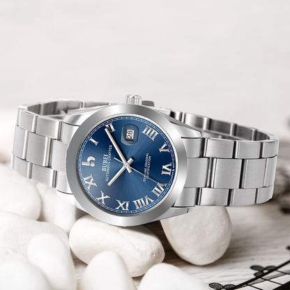 BUREI Men's Watch 41mm, Classic Stainless Steel, Waterproof Machine Watch with Date, Sapphire Crystal, Business Dress Wristwatch