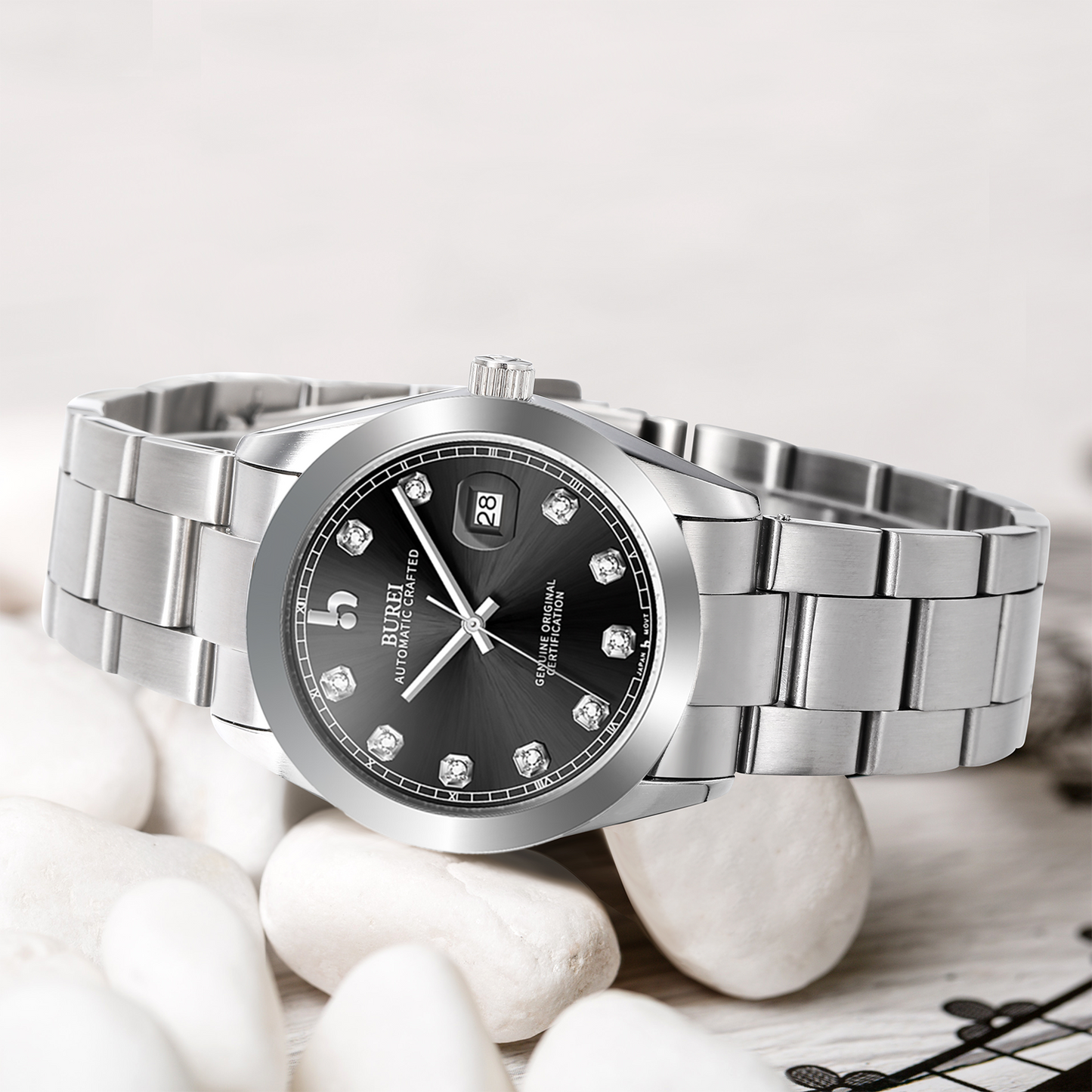 BUREI Men's Watch 41mm, Classic Stainless Steel, Waterproof Machine Watch with Date, Sapphire Crystal, Business Dress Wristwatch