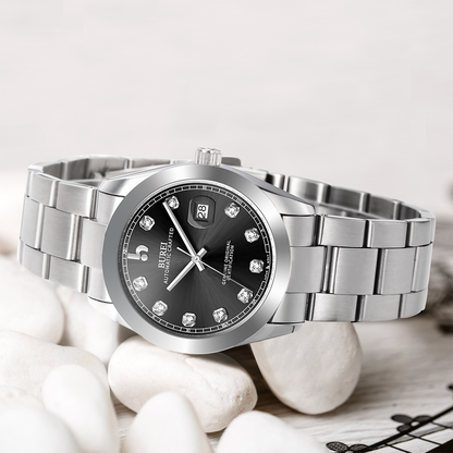 BUREI Men's Watch 41mm, Classic Stainless Steel, Waterproof Machine Watch with Date, Sapphire Crystal, Business Dress Wristwatch