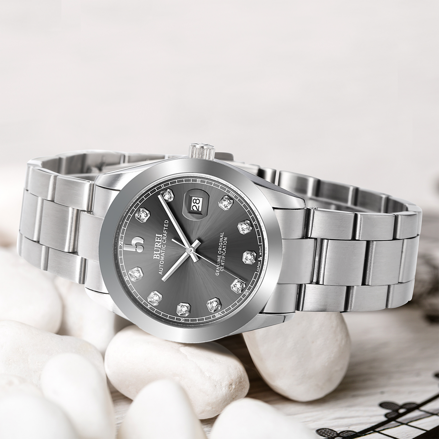 BUREI Men's Watch 41mm, Classic Stainless Steel, Waterproof Machine Watch with Date, Sapphire Crystal, Business Dress Wristwatch