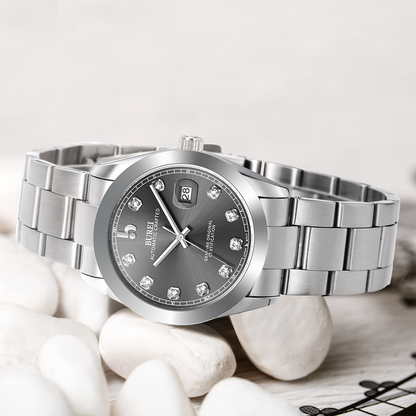 BUREI Men's Watch 41mm, Classic Stainless Steel, Waterproof Machine Watch with Date, Sapphire Crystal, Business Dress Wristwatch