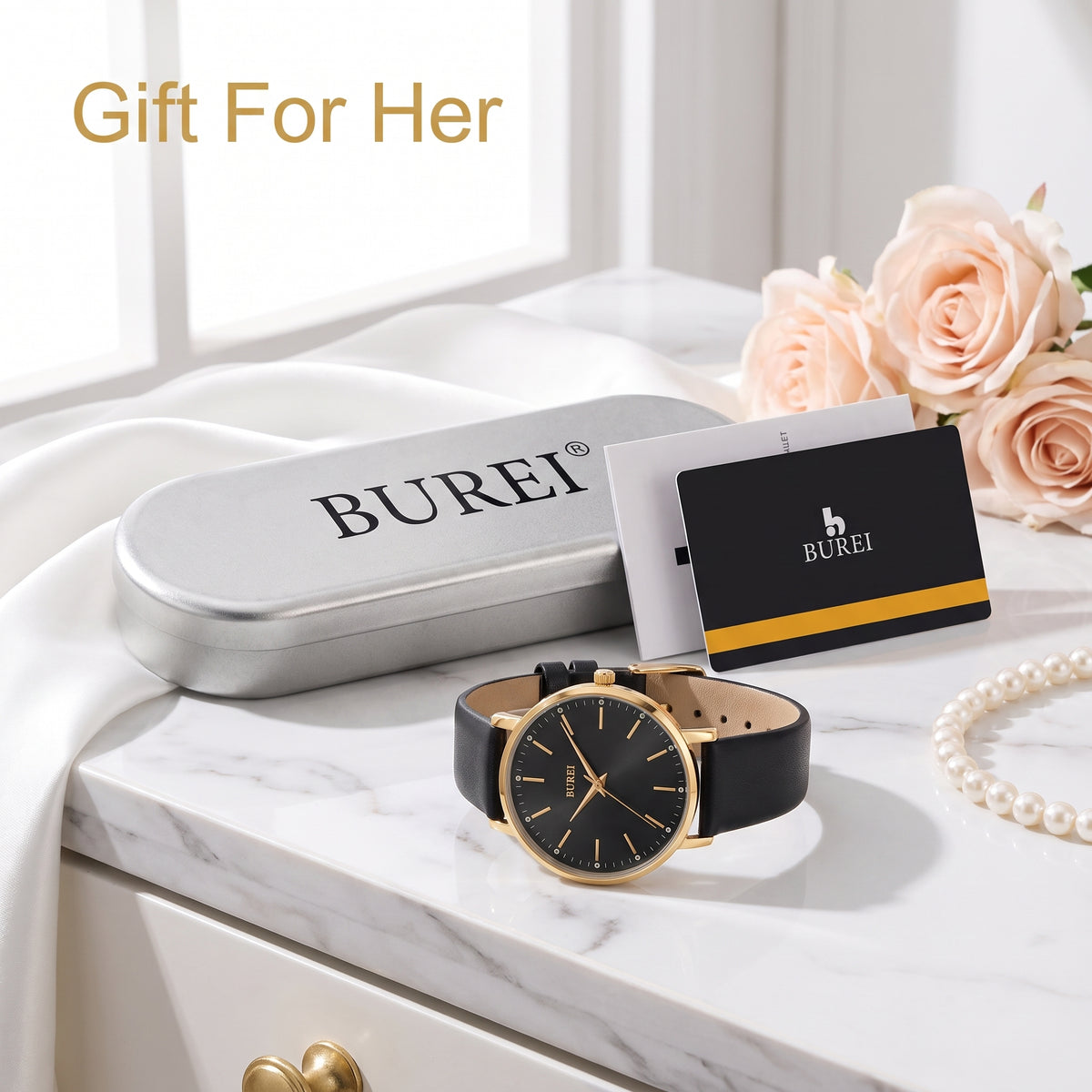 BUREL Women's Minimalist Large Face Leather Watch