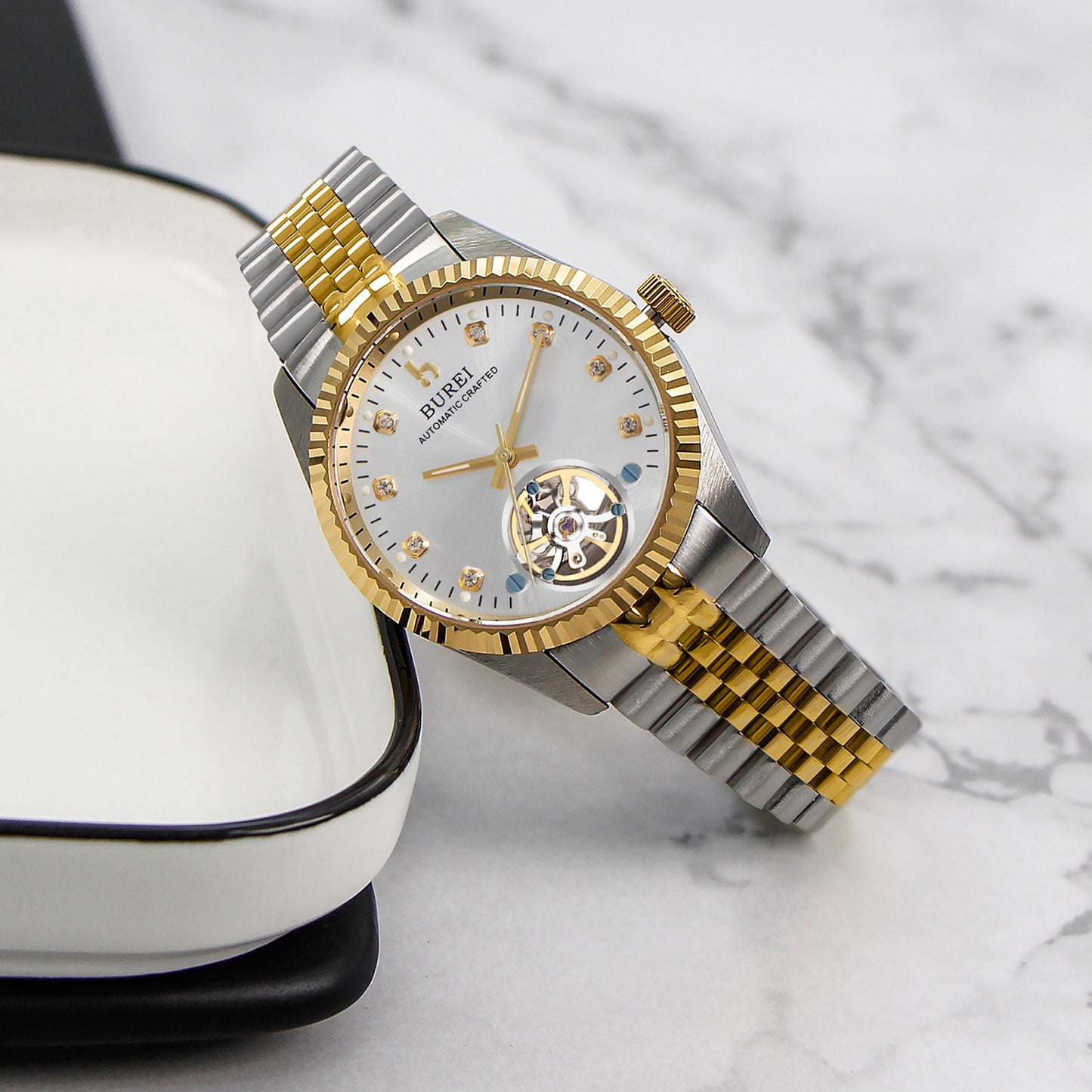 BUREI Men's Watch 41mm, Classic Stainless Steel, Waterproof Machine Watch with Date, Sapphire Crystal, Business Dress Wristwatch