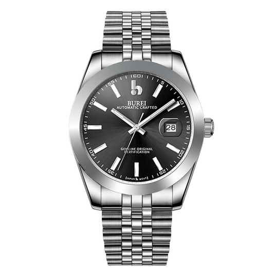BUREI Men's Watch 41mm, Classic Stainless Steel, Waterproof Machine Watch with Date, Sapphire Crystal, Business Dress Wristwatch