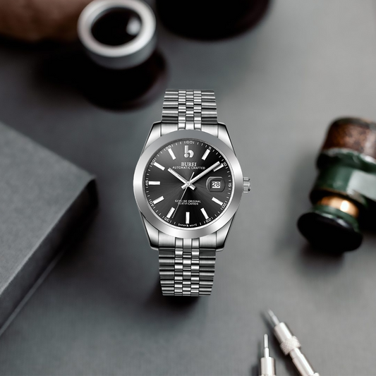 BUREI Men's Watch 41mm, Classic Stainless Steel, Waterproof Machine Watch with Date, Sapphire Crystal, Business Dress Wristwatch