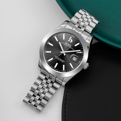 BUREI Men's Watch 41mm, Classic Stainless Steel, Waterproof Machine Watch with Date, Sapphire Crystal, Business Dress Wristwatch