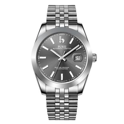BUREI Men's Watch 41mm, Classic Stainless Steel, Waterproof Machine Watch with Date, Sapphire Crystal, Business Dress Wristwatch