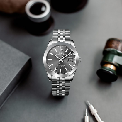BUREI Men's Watch 41mm, Classic Stainless Steel, Waterproof Machine Watch with Date, Sapphire Crystal, Business Dress Wristwatch