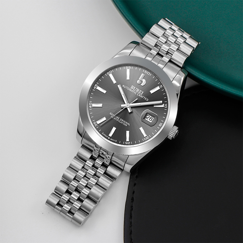 BUREI Men's Watch 41mm, Classic Stainless Steel, Waterproof Machine Watch with Date, Sapphire Crystal, Business Dress Wristwatch