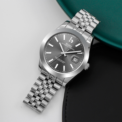 BUREI Men's Watch 41mm, Classic Stainless Steel, Waterproof Machine Watch with Date, Sapphire Crystal, Business Dress Wristwatch