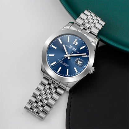 BUREI Men's Watch 41mm, Classic Stainless Steel, Waterproof Machine Watch with Date, Sapphire Crystal, Business Dress Wristwatch