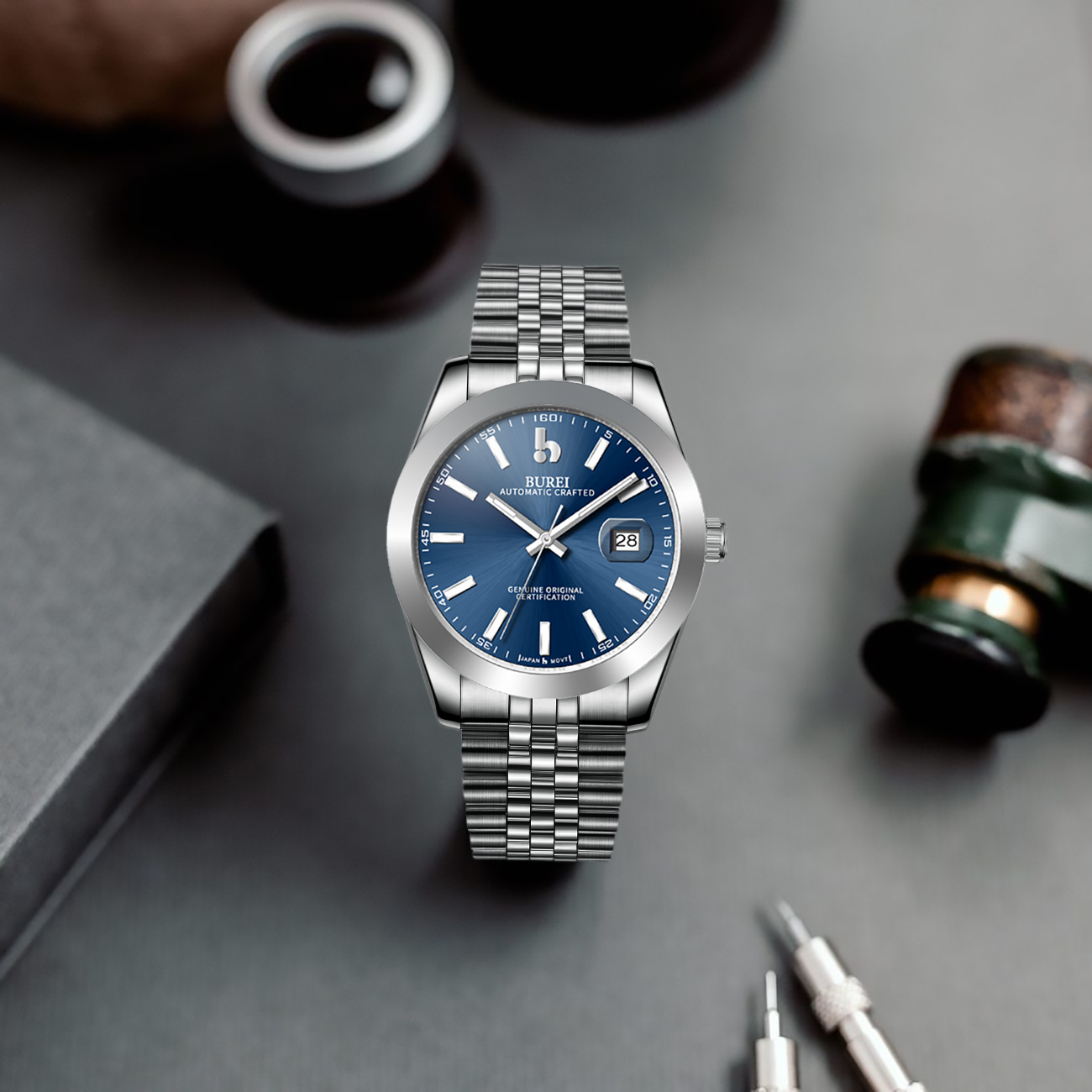 BUREI Men's Watch 41mm, Classic Stainless Steel, Waterproof Machine Watch with Date, Sapphire Crystal, Business Dress Wristwatch