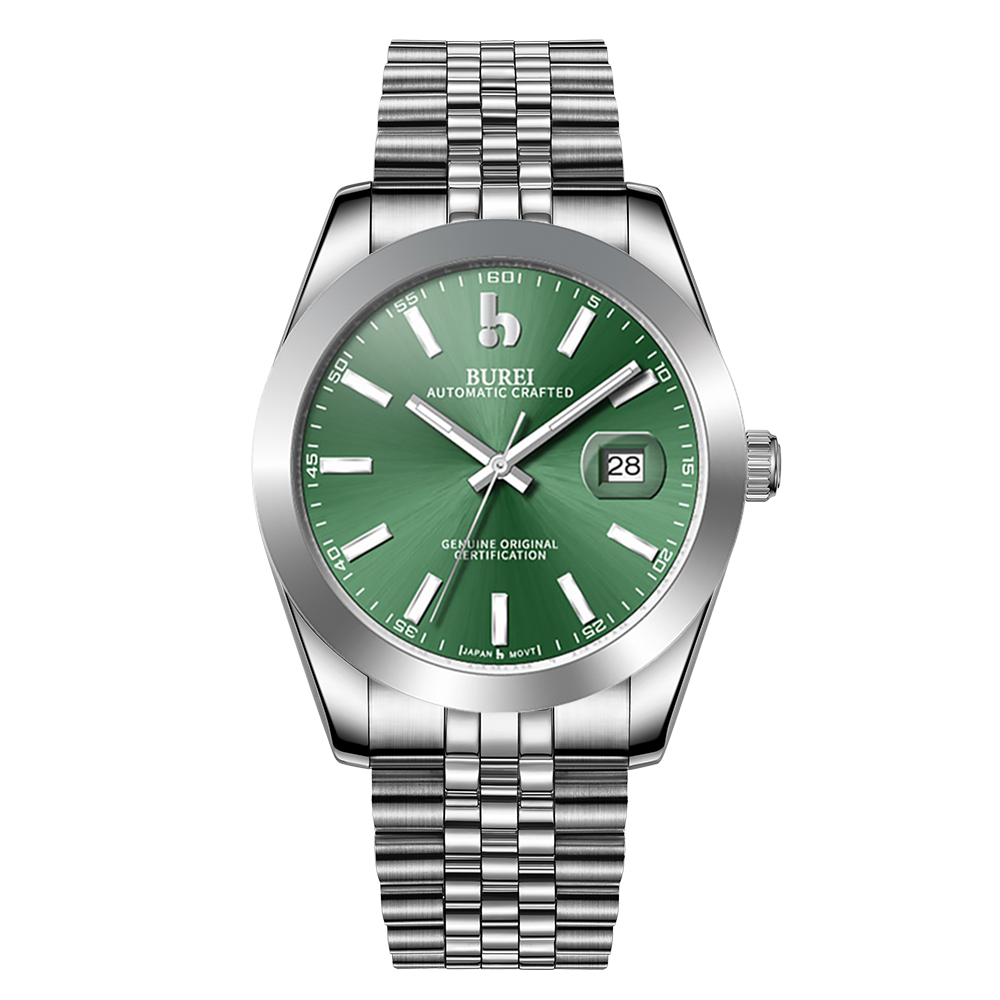 BUREI Men's Watch 41mm, Classic Stainless Steel, Waterproof Machine Watch with Date, Sapphire Crystal, Business Dress Wristwatch