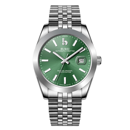 BUREI Men's Watch 41mm, Classic Stainless Steel, Waterproof Machine Watch with Date, Sapphire Crystal, Business Dress Wristwatch