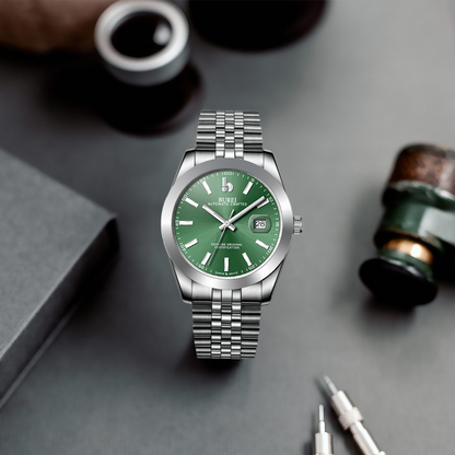 BUREI Men's Watch 41mm, Classic Stainless Steel, Waterproof Machine Watch with Date, Sapphire Crystal, Business Dress Wristwatch