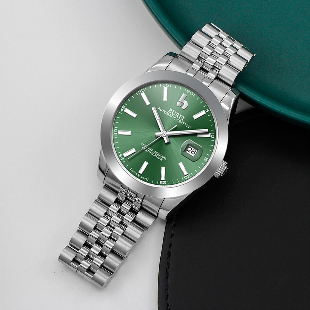 BUREI Men's Watch 41mm, Classic Stainless Steel, Waterproof Machine Watch with Date, Sapphire Crystal, Business Dress Wristwatch