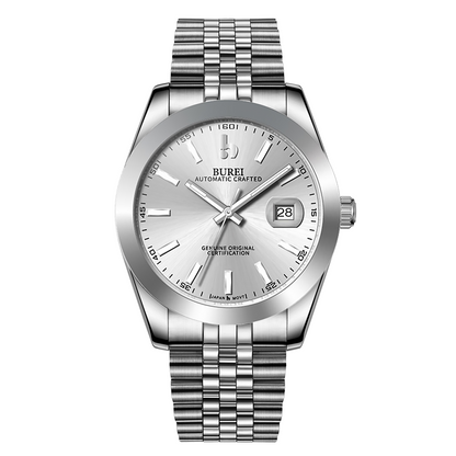 BUREI Men's Watch 41mm, Classic Stainless Steel, Waterproof Machine Watch with Date, Sapphire Crystal, Business Dress Wristwatch