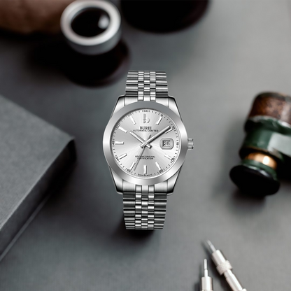BUREI Men's Watch 41mm, Classic Stainless Steel, Waterproof Machine Watch with Date, Sapphire Crystal, Business Dress Wristwatch