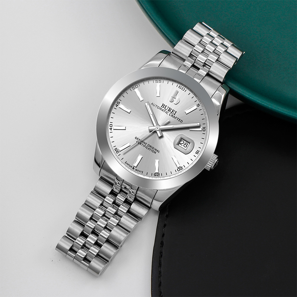 BUREI Men's Watch 41mm, Classic Stainless Steel, Waterproof Machine Watch with Date, Sapphire Crystal, Business Dress Wristwatch