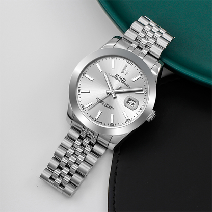 BUREI Men's Watch 41mm, Classic Stainless Steel, Waterproof Machine Watch with Date, Sapphire Crystal, Business Dress Wristwatch