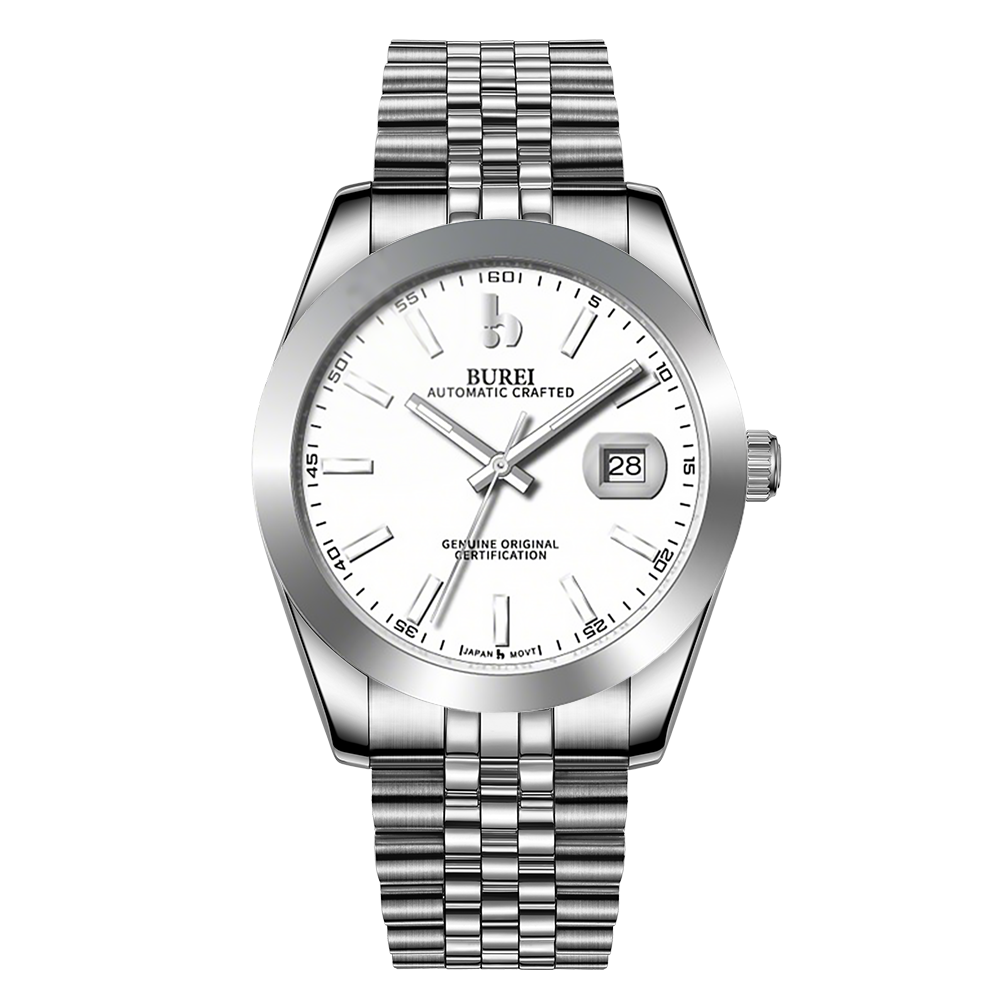 BUREI Men's Watch 41mm, Classic Stainless Steel, Waterproof Machine Watch with Date, Sapphire Crystal, Business Dress Wristwatch