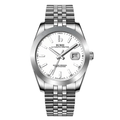 BUREI Men's Watch 41mm, Classic Stainless Steel, Waterproof Machine Watch with Date, Sapphire Crystal, Business Dress Wristwatch