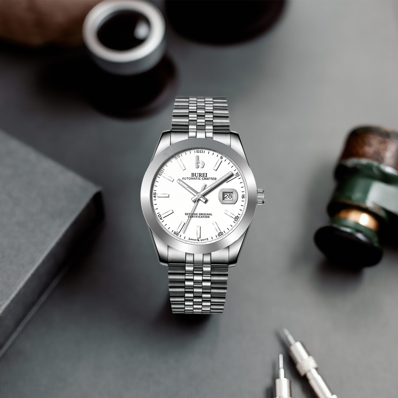 BUREI Men's Watch 41mm, Classic Stainless Steel, Waterproof Machine Watch with Date, Sapphire Crystal, Business Dress Wristwatch